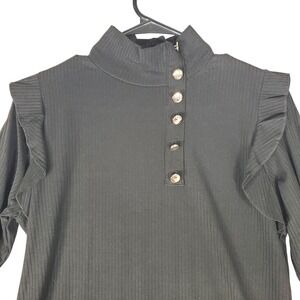 Milan Kiss Womens Black Ribbed Mock Neck Ruffle Shoulder Gold Button Top Large